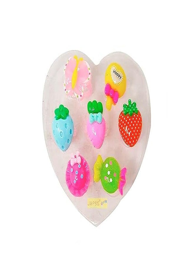 JAPSI Kids Plastic Finger Rings Set, 7 Pieces, Fruit and Candy Design, Heart Box Pack, Girls Pretend Play Jewellery - Image 1